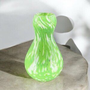 Studio Hand Blown Bottle Shaped Glass Vase‎ Bud Vase Green White Spots Vintage